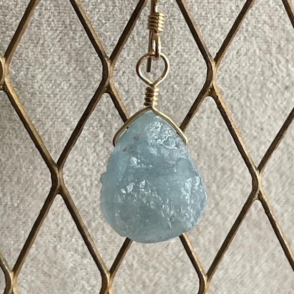 Natural Aquamarine Earrings Sterling Silver Wire Wrapped Raw Gemstones –Handmade - Picture 9 of 10